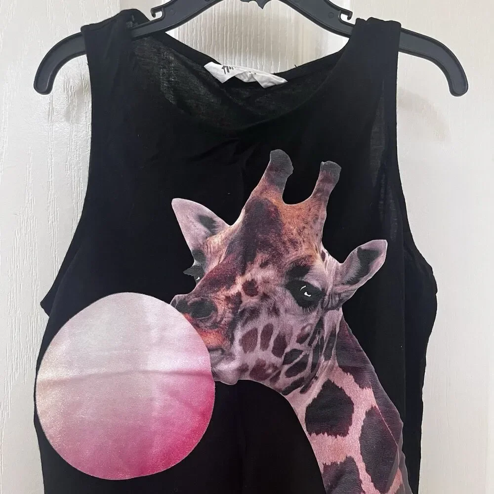 H&M Giraffe Blowing Bubble Gum Black Tank Top Girls Size 10-12 yrs
